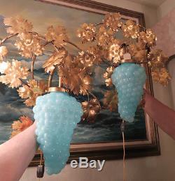 2 Vintage Murano Blue Opaline Grape Glass tole Sconce lamp Florentine Italy mark