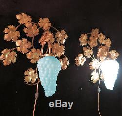 2 Vintage Murano Blue Opaline Grape Glass tole Sconce lamp Florentine Italy mark