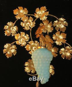 2 Vintage Murano Blue Opaline Grape Glass tole Sconce lamp Florentine Italy mark