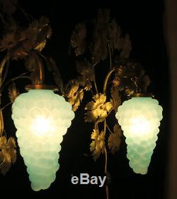 2 Vintage Murano Blue Opaline Grape Glass tole Sconce lamp Florentine Italy mark