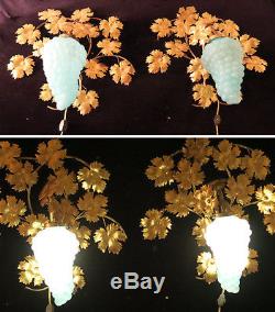 2 Vintage Murano Blue Opaline Grape Glass tole Sconce lamp Florentine Italy mark