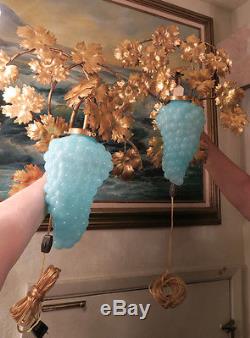 2 Vintage Murano Blue Opaline Grape Glass tole Sconce lamp Florentine Italy mark