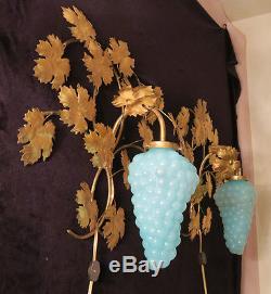 2 Vintage Murano Blue Opaline Grape Glass tole Sconce lamp Florentine Italy mark