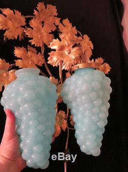 2 Vintage Murano Blue Opaline Grape Glass tole Sconce lamp Florentine Italy mark