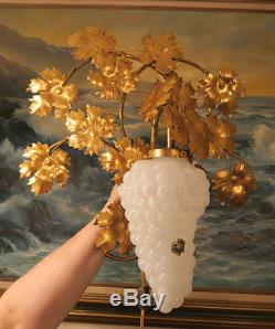 2 Vintage Murano Opaline Grape Glass tole Sconce lamp Florentine Italy goldleaf