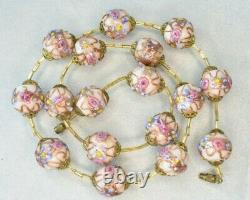 22 Vintage Murano Italy Pink Roses Wedding Cake Blue Flower Glass Bead Necklace