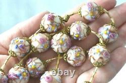 22 Vintage Murano Italy Pink Roses Wedding Cake Blue Flower Glass Bead Necklace