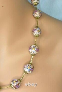 22 Vintage Murano Italy Pink Roses Wedding Cake Blue Flower Glass Bead Necklace