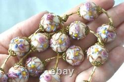 22 Vintage Murano Italy Pink Roses Wedding Cake Blue Flower Glass Bead Necklace