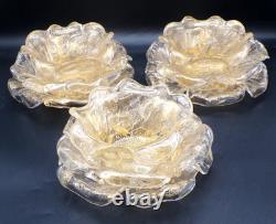 3 Vintage Murano Archimede Seguso GOLD Glass FLORIFORM TEALIGHT HOLDER ROSE BOWL