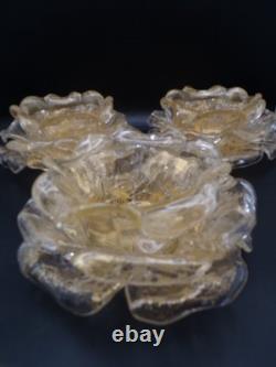3 Vintage Murano Archimede Seguso GOLD Glass FLORIFORM TEALIGHT HOLDER ROSE BOWL