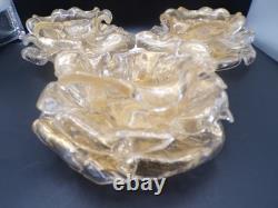 3 Vintage Murano Archimede Seguso GOLD Glass FLORIFORM TEALIGHT HOLDER ROSE BOWL