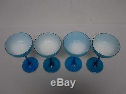 4 Vintage Carlo Moretti Murano Turquoise Blue Cased 7 Champagne Saucers Glasses