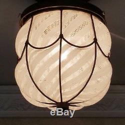 493b Vintage 1940s Murano Caged Glass Ceiling Light Fixture w shade Italian