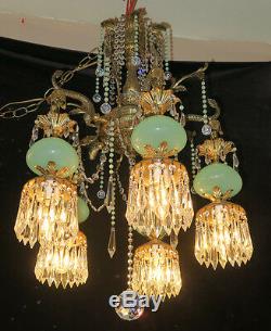 5Lt Vintage Serpent fish Brass Bronze Opaline JADE Murano glass Chandelier lamp