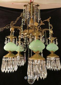 5Lt Vintage Serpent fish Brass Bronze Opaline JADE Murano glass Chandelier lamp