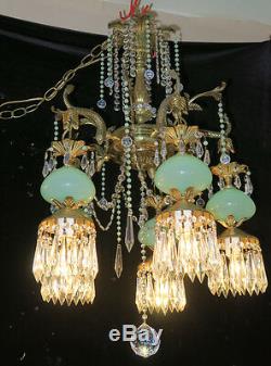 5Lt Vintage Serpent fish Brass Bronze Opaline JADE Murano glass Chandelier lamp