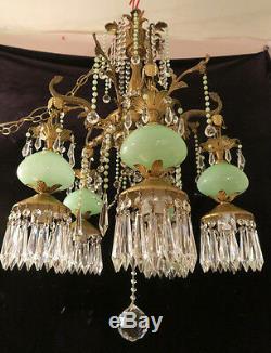 5Lt Vintage Serpent fish Brass Bronze Opaline JADE Murano glass Chandelier lamp