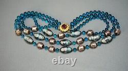 60 Vintage Venetian Murano 3 Strand Glass Beads Blue Silver Foil Bib Necklace