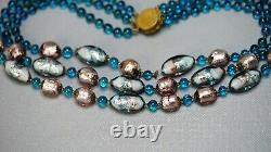 60 Vintage Venetian Murano 3 Strand Glass Beads Blue Silver Foil Bib Necklace