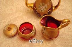 7-Pc Vintage Italian Venetian Barbini Murano 24K Gold & Ruby Red Tea SetBEAUTY