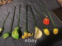 8 Vintage Murano Glass Stem Blown Glass Flowers 14 Long With Vase