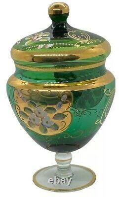 8 Vintage Venetian Murano Gold Gilt Enamel Green Art Glass Candy Dish