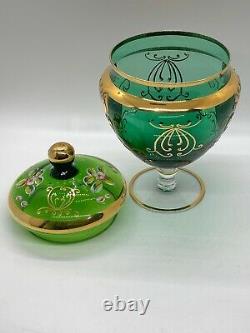 8 Vintage Venetian Murano Gold Gilt Enamel Green Art Glass Candy Dish