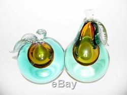 Alfredo Barbini Murano Sommerso Glass Fruit Bookends Blue & Gold Italy Vintage