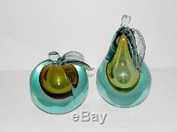 Alfredo Barbini Murano Sommerso Glass Pear & Apple Bookends Blue Gold Italy Vtg