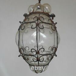 Antique Murano Hand Blown Clear Caged Glass Lantern Ceiling Light Vintage Italy