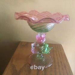 Antique Murano Venetian Art Glass pedestal Compote with Dolphin base