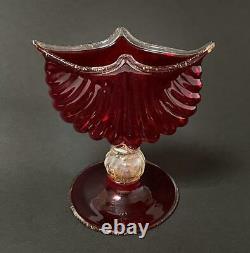 Antique Salviati Italian Murano Glass Ruby Red & Aventurine Scallop Shell Vase