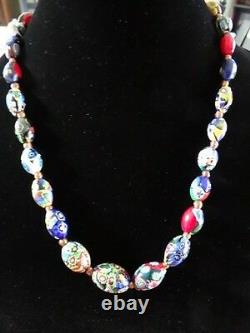 Antique Venetian Murano Oval Millefiori Bead Necklace Glass Art Deco 22 Italy