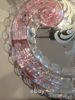 Antique Vintage Murano Glass Etched Mirror Pink Clear Venetian Italy large 24in
