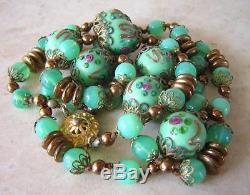 Antique Vintage Venetian Murano Green Milk Glass Necklace + Fine Lamp Work Beads