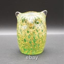 Appraised Vintage Murano Glass Owl Paperweight Green 24k Gold Leaf MCM