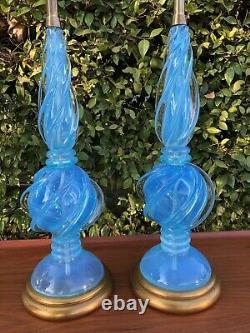 Archimede Seguso Murano Blue Opalescent Glass Table Lamps for Marbro