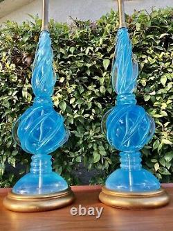 Archimede Seguso Murano Blue Opalescent Glass Table Lamps for Marbro