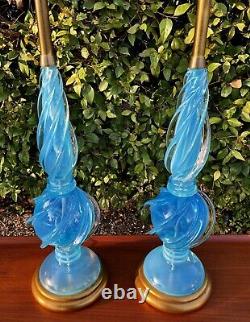 Archimede Seguso Murano Blue Opalescent Glass Table Lamps for Marbro