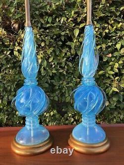 Archimede Seguso Murano Blue Opalescent Glass Table Lamps for Marbro