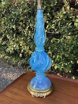 Archimede Seguso Murano Blue Opalescent Glass Table Lamps for Marbro