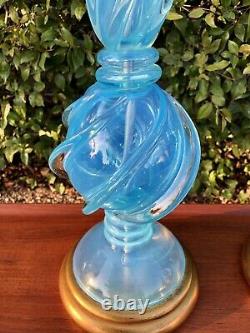 Archimede Seguso Murano Blue Opalescent Glass Table Lamps for Marbro