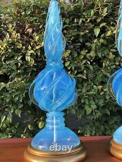 Archimede Seguso Murano Blue Opalescent Glass Table Lamps for Marbro