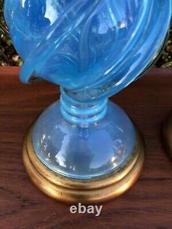 Archimede Seguso Murano Blue Opalescent Glass Table Lamps for Marbro