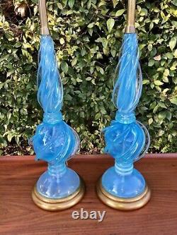 Archimede Seguso Murano Blue Opalescent Glass Table Lamps for Marbro