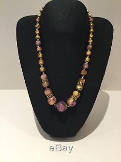 Art Deco Vintage Venetian Murano Foil Pink Gold Opalescent Glass Bead Necklace