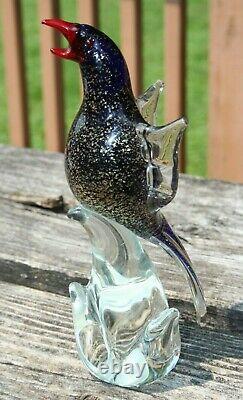 Art Glass Bird Blue 10 Gold Inclusions Unmarked Italian Murano Parrot