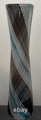 Art Glass Mezza Filigrana Blue, White, and Brown Vase 14.5 Tall Murano Vintage