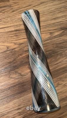 Art Glass Mezza Filigrana Blue, White, and Brown Vase 14.5 Tall Murano Vintage